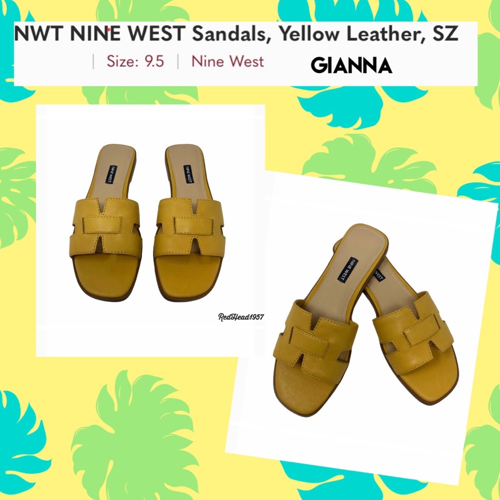 💕 Nine West SPRING GLanna Dark Yellow Leather Sandals Sz 9.5 NIB 🩴👙👗🏖🏝 - Picture 2 of 7
